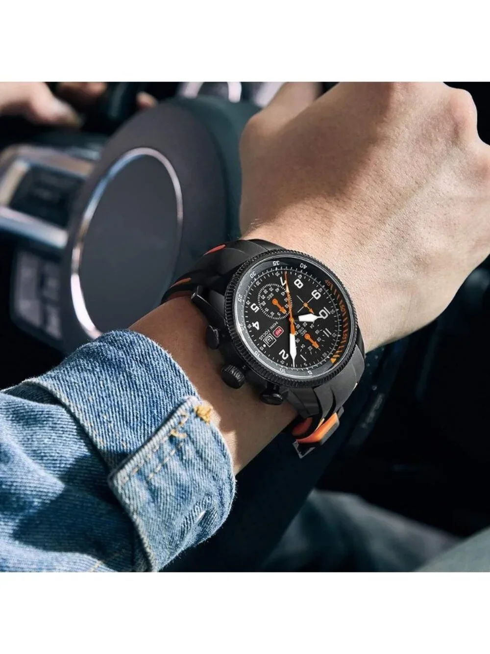Mens Black And Orange Analog Waterproof Chronograph Classic Stylish Casual Watch